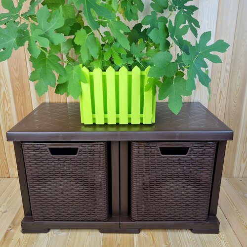 Тумба-Этажерка пластиковая Домашний УЮТ усиленная 2 секции 2 корзины Цвет Коричневый с плетёными коричневыми корзинами 8300₽