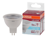 Лампа светодиодная OSRAM LED Star MR16, 400лм, 5Вт, 5000К, нейтральный свет, Цоколь GU5.3, MR16, софит