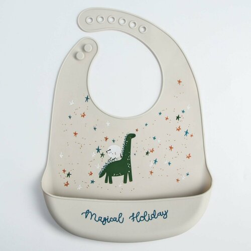 Слюнявчик нагрудник для кормления силиконовый Dino на кнопках с карманом