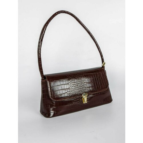 Сумка багет  C001-brown, фактура лаковая, под рептилию, коричневый