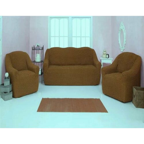 «ЧМ16210» комплект чехлов без оборки на диван и два кресла, коричневый светлый