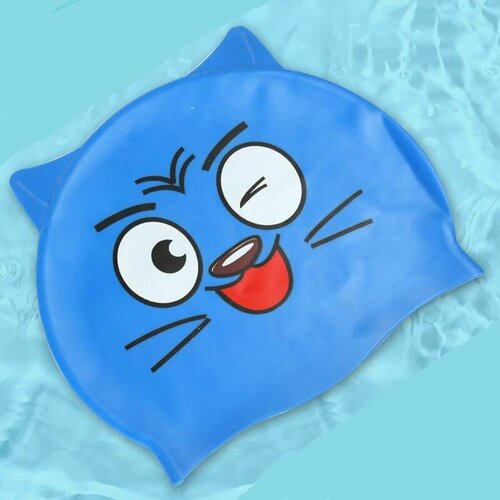 Шапочка для плавания YOUYOU Котенок синий силиконовая детская для бассейна на обхват головы 48-54