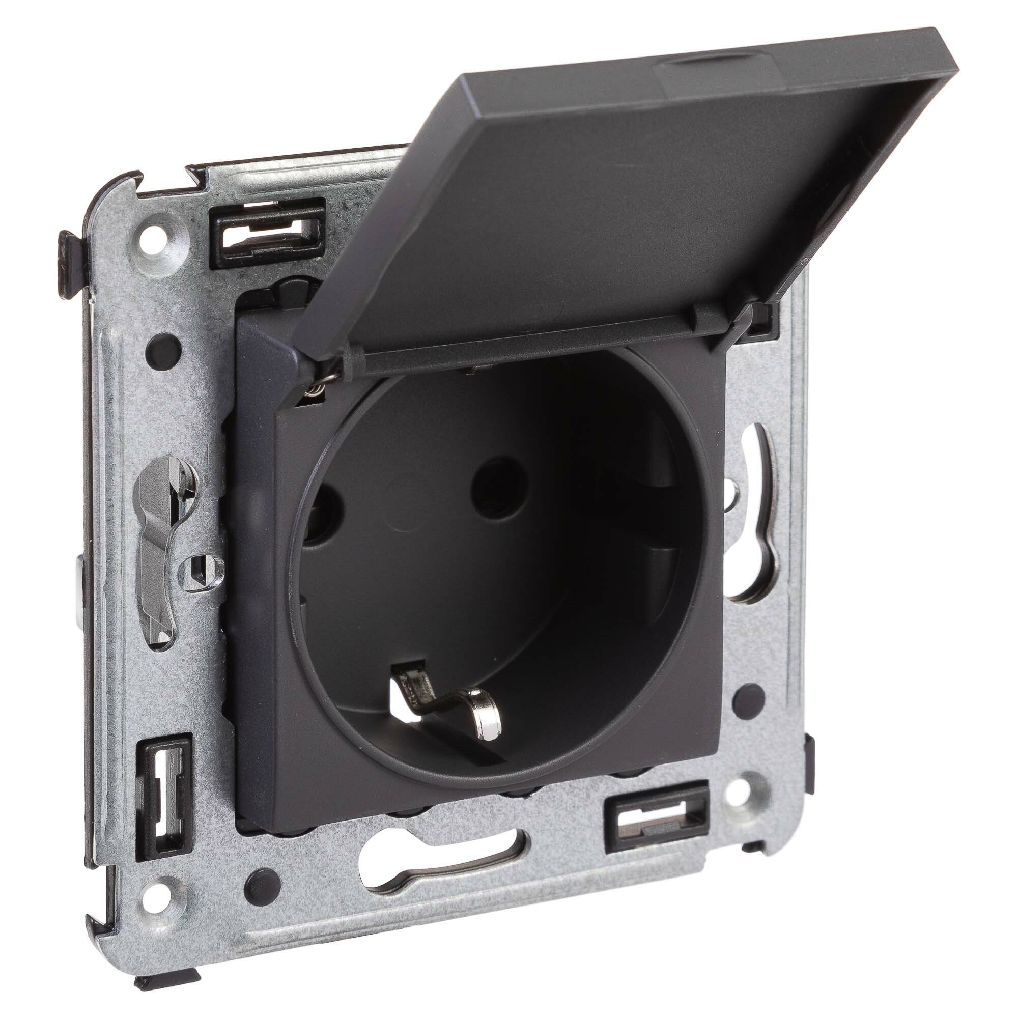 фото Розетка Аванти 1СП с/з с/шт с крышкой 16А IP20 механизм черный матовый