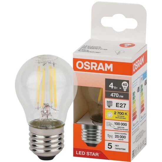 Светодиодная лампа LEDVANCE-OSRAM Osram LED STAR CL P40 4W/827 220-240V FIL CL E27 470lm