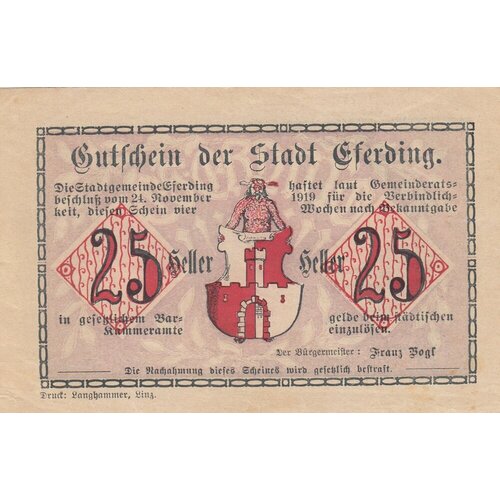 Австрия, Эфердинг 25 геллеров 1919 г. (№3) австрия эфердинг 50 геллеров 1919 г 3