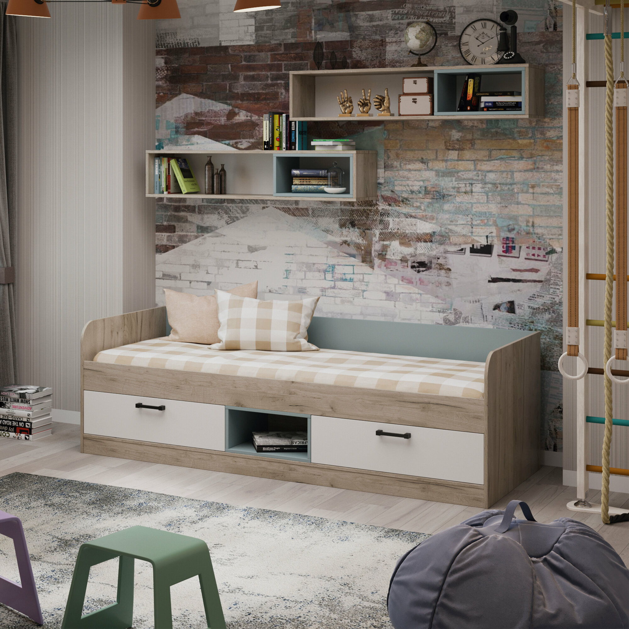 фото Оливер Кровать комбинированная 800 Тип 1 (Дуб Крафт серый/Белый /Серо-голубой)