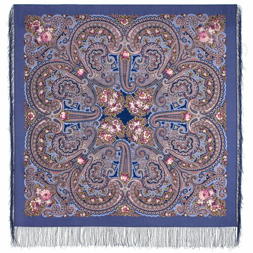 фото Платок павловопосадская платочная мануфактура, шерсть, с бахромой, 125х125 см, синий
