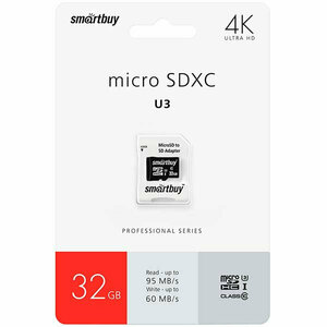 Карта памяти Smartbuy micro SDHC 32Gb Pro UHS-I U3 + ADP (95/60 Mb/s)