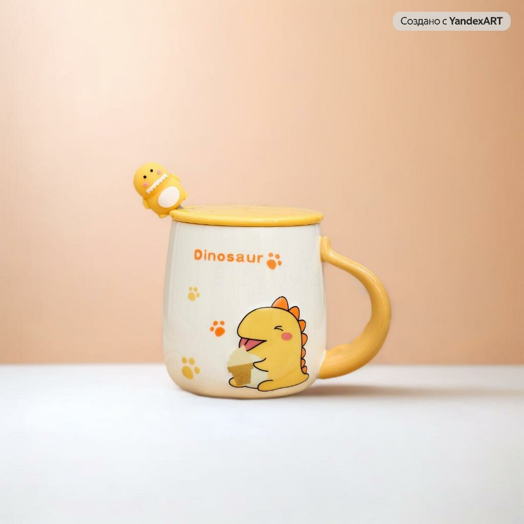 Кружка Динозаврик Dinosaur с ложкой, крышкой, женская, детская, подарочная, мужская 420 мл Эврика (желтый) на 14 февраля, 8 марта