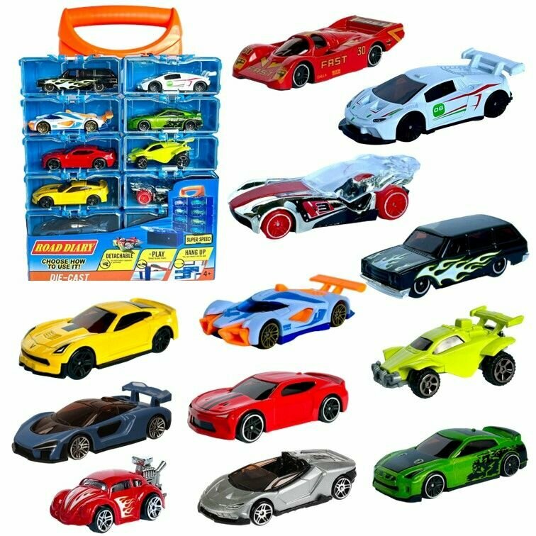 Набор машинок металлических в боксах гаражах 12 штук, игрушка детская для мальчика коллекционная модель в кейсах 1:64