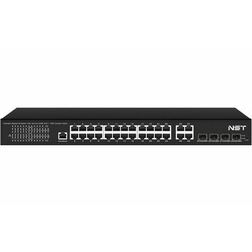 Управляемый L2 PoE коммутатор Gigabit Ethernet на 24 RJ45 PoE + 4 x GE Combo Uplink порта. Порты: 24 x GE (10/100/1000 Base-T) с поддержкой PoE (IEEE