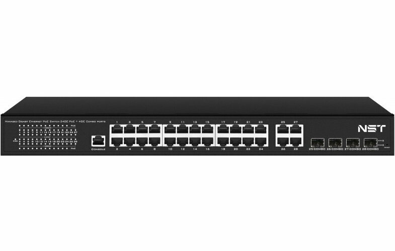 Управляемый L2 PoE коммутатор Gigabit Ethernet на 24 RJ45 PoE + 4 x GE Combo Uplink порта. Порты: 24 x GE (10/100/1000 Base-T) с поддержкой PoE (IEEE