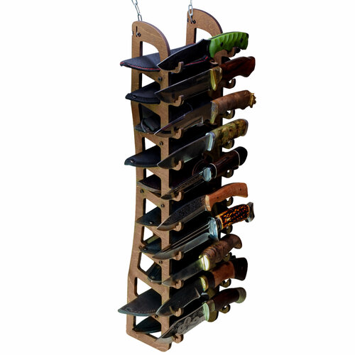 Подставка настенная для коллекционных ножей. 10 слотов с ножнами. Коричневая.