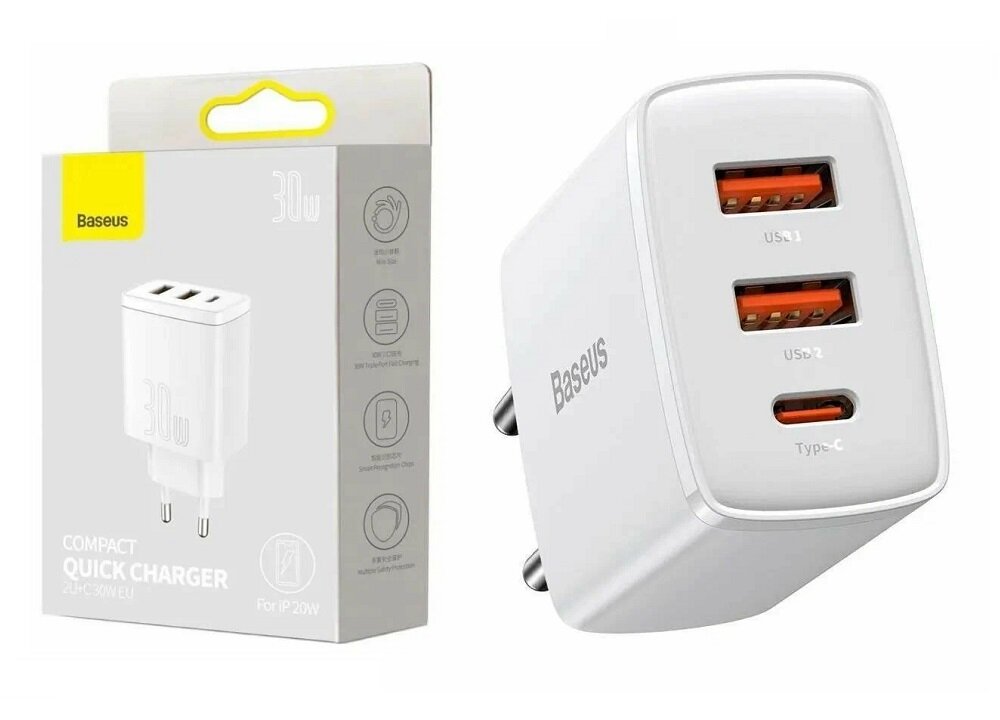 Сетевое зарядное устройство Baseus Compact Quick Charger 2U+C 30W, белый (CCXJ-E02)