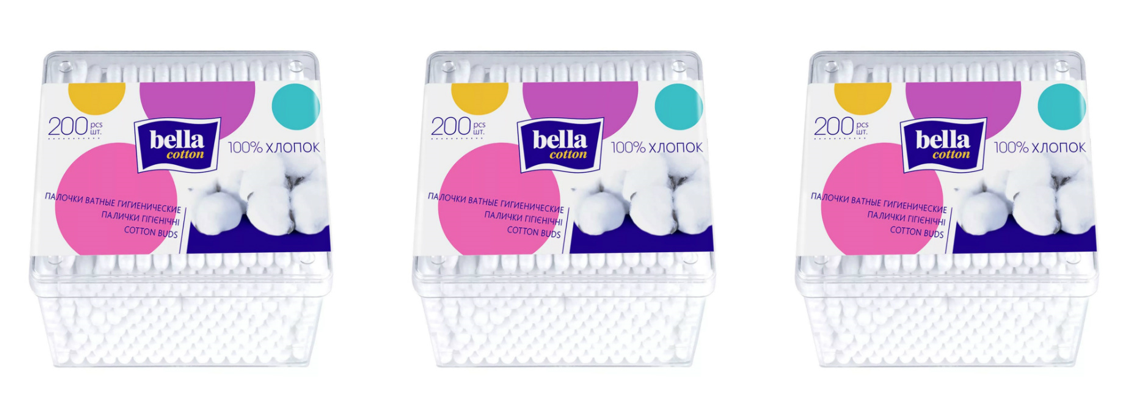 Ватные палочки Bella Cotton, квадратная упаковка, 200 шт, 3 уп