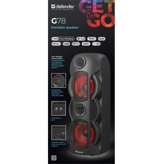 Портативная акустика Defender G78 70Вт, BT/FM/TF/USB/MIC/Light (65178) — фото 1