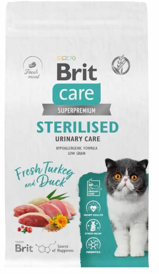 Сухой корм Brit Care Cat Sterilised Urinary Care для стерилизованных кошек, с индейкой и уткой, профилактика мочекаменной болезни 1.5 кг — фото 1