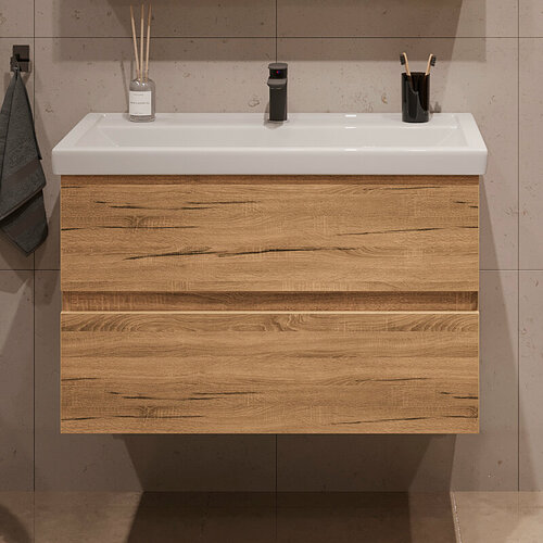 Изображение товара Тумба подвесная SanStar Lavanti 80 с раковиной Фостер 80 (комплект) для ванной комнаты Дуб вотан