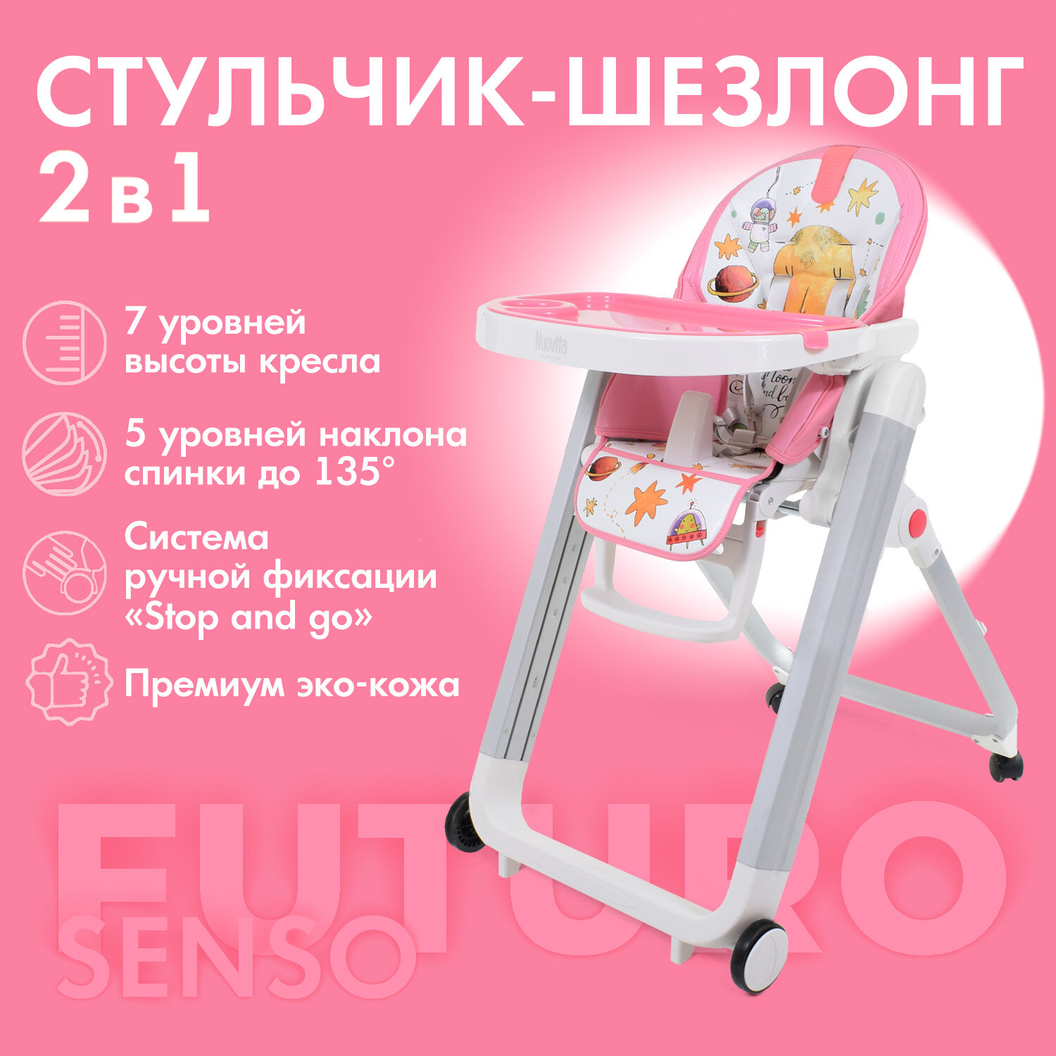 Стульчик для кормления Nuovita Futuro Senso Bianco (Cosmo rosa/Розовый космос)