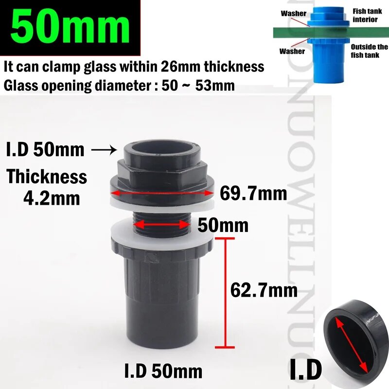 ПВХ фитинги для аквариума 20-50 мм, I.D 50mm Black, 1pcs
