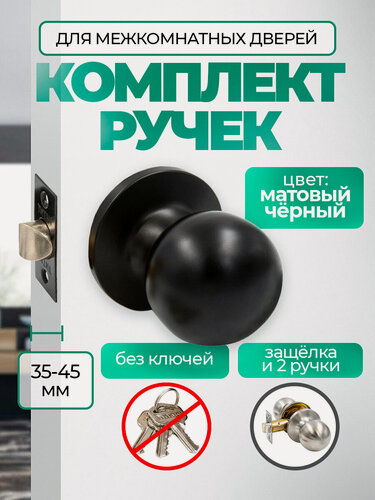 Изображение товара Ручка дверная с защелкой межкомнатная круглая, поворотная, нажимная Титан 706-05 BL, без запирания, черный матовый