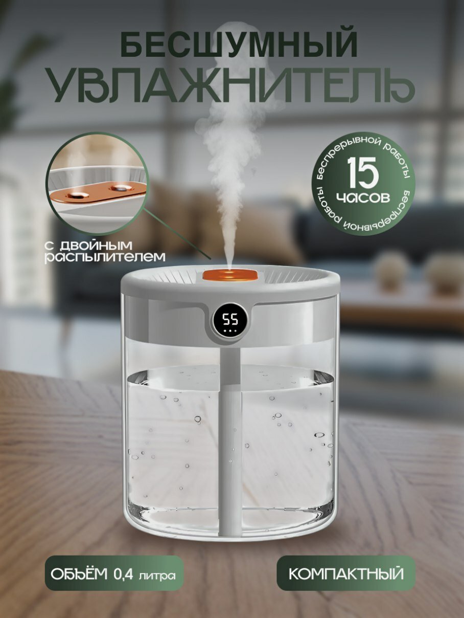 Бесшумный увлажнитель компактный объем 0.4л для дома белый