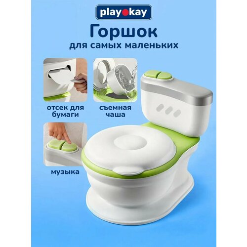 фото Горшок унитаз детский со звуком музыкальный для ребенка мальчика и девочки со съемной чашей, отсеком для бумаги и мягим сиденьем playokay