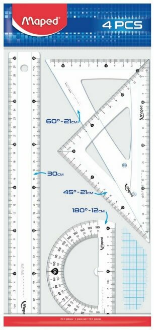 Набор 4 предмета макси: линейка 30см, угольник 60гр/21см, угольник 45гр/21см, транспортир 180гр/12 см