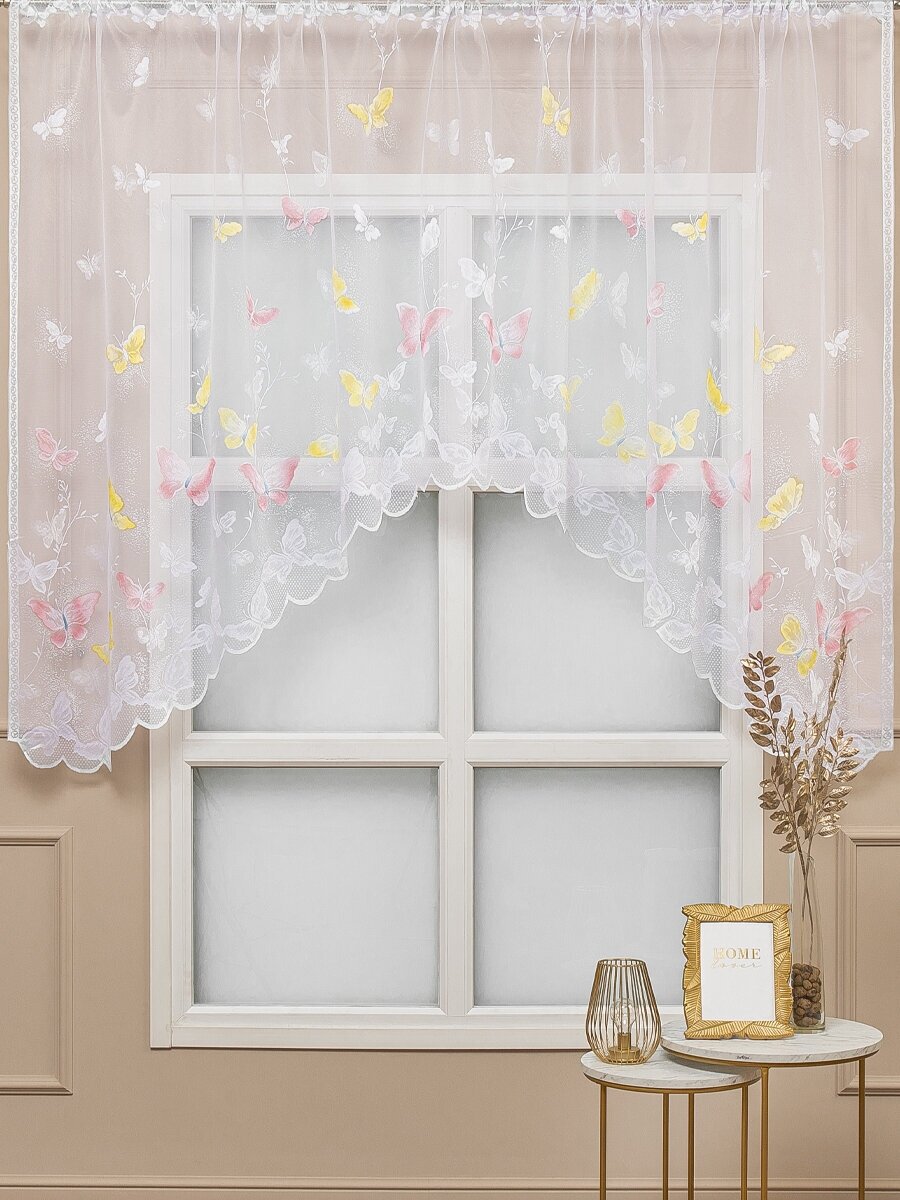 фото Тюль арка Amore Mio 300х170 см, 1 шт, жаккардовый, для гостиной, спальни, кухни дома, на шторной ленте, белый, с принтом бабочки