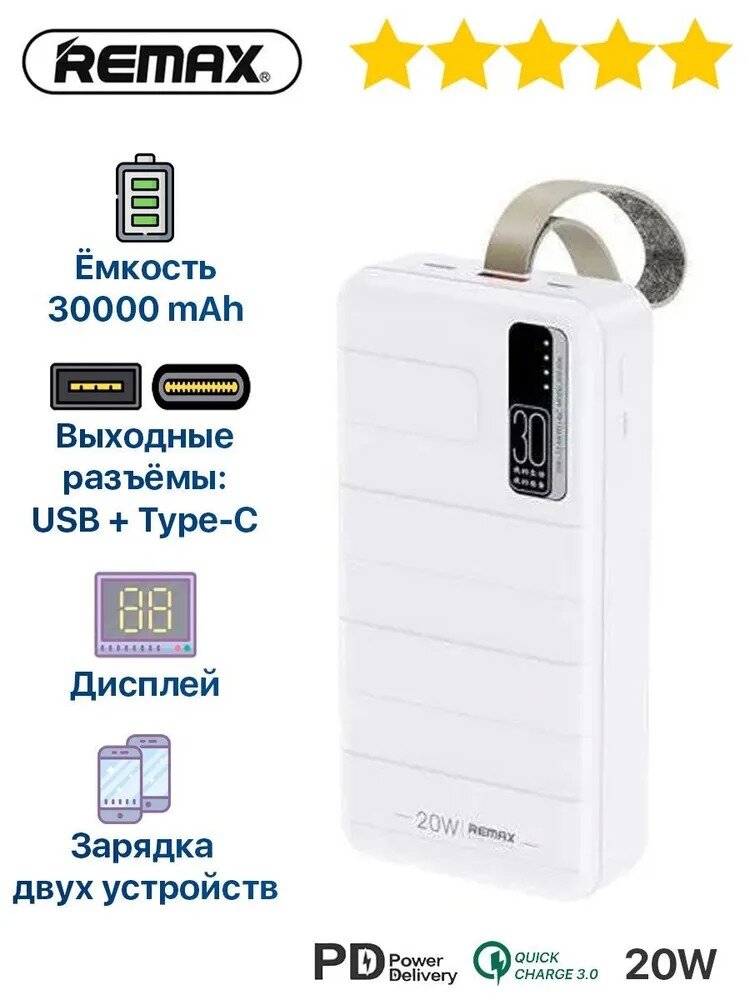 Внешний аккумулятор повербанк Power bank Remax RPP-506 30000mAh PD 20W + QC 22.5W белый