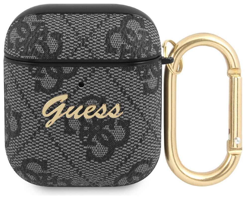 Чехол Guess для Airpods 1/2, PU-кожа 4G metal logo с карабином серый