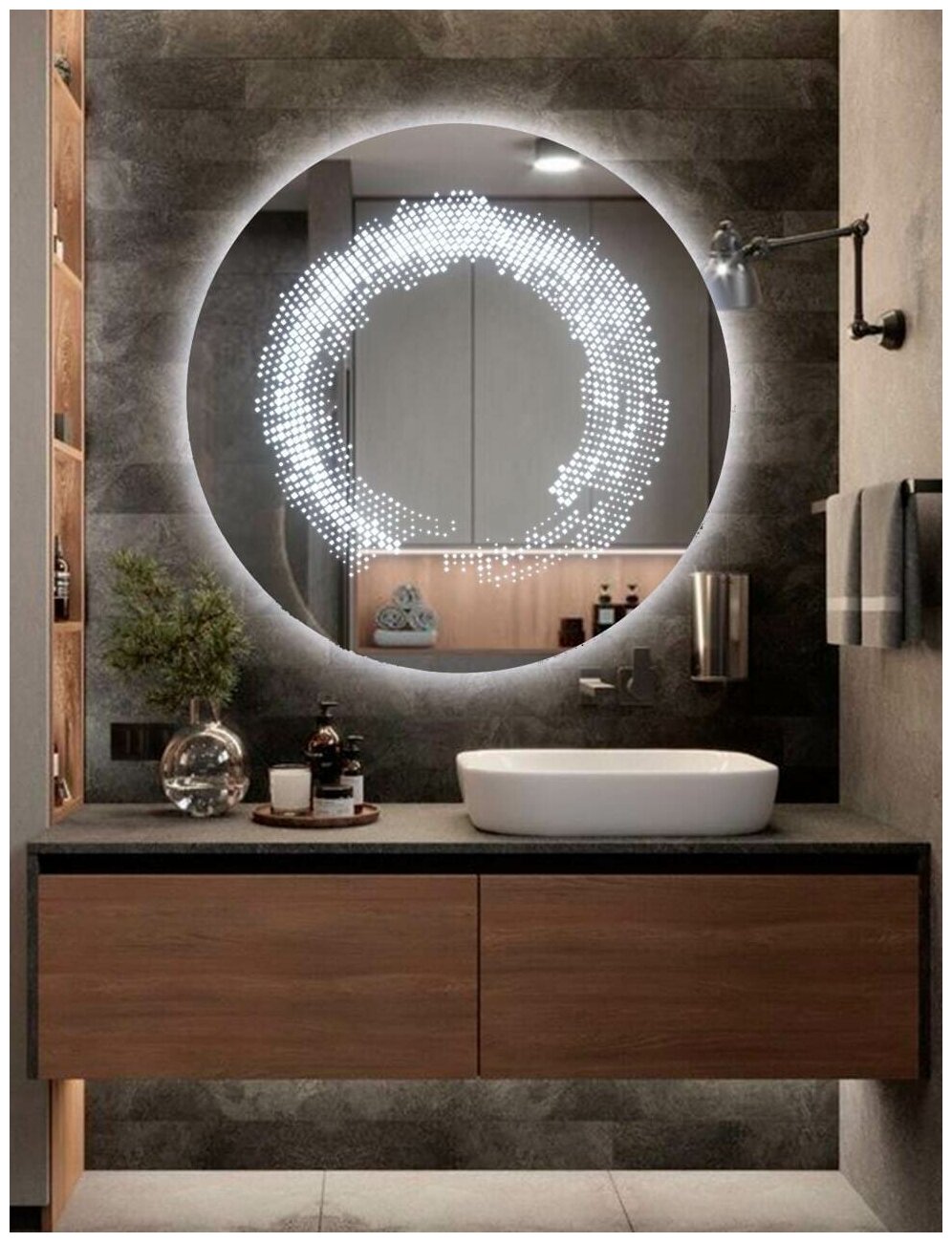 Зеркало настенное с подсветкой парящее круглое 100*100 см дизайнерское с фацетом для ванной холодный свет 6000 К сенсорное управление