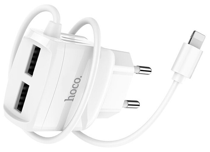 Зарядное устройство Hoco RC2 2xUSB с кабелем Apple Lightning White