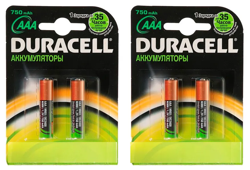 Аккумулятор Duracell HR03, аккумуляторная батарейка AAA 750mAh Ni-MH 4шт