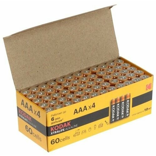 Батарейка алкалиновая Kodak Xtralife, AAA, LR03-60BOX, 1.5В, бокс, 60 шт. батарейка алкалиновая kodak max aaa lr03 12bl 1 5в блистер 12 шт kodak 1804455