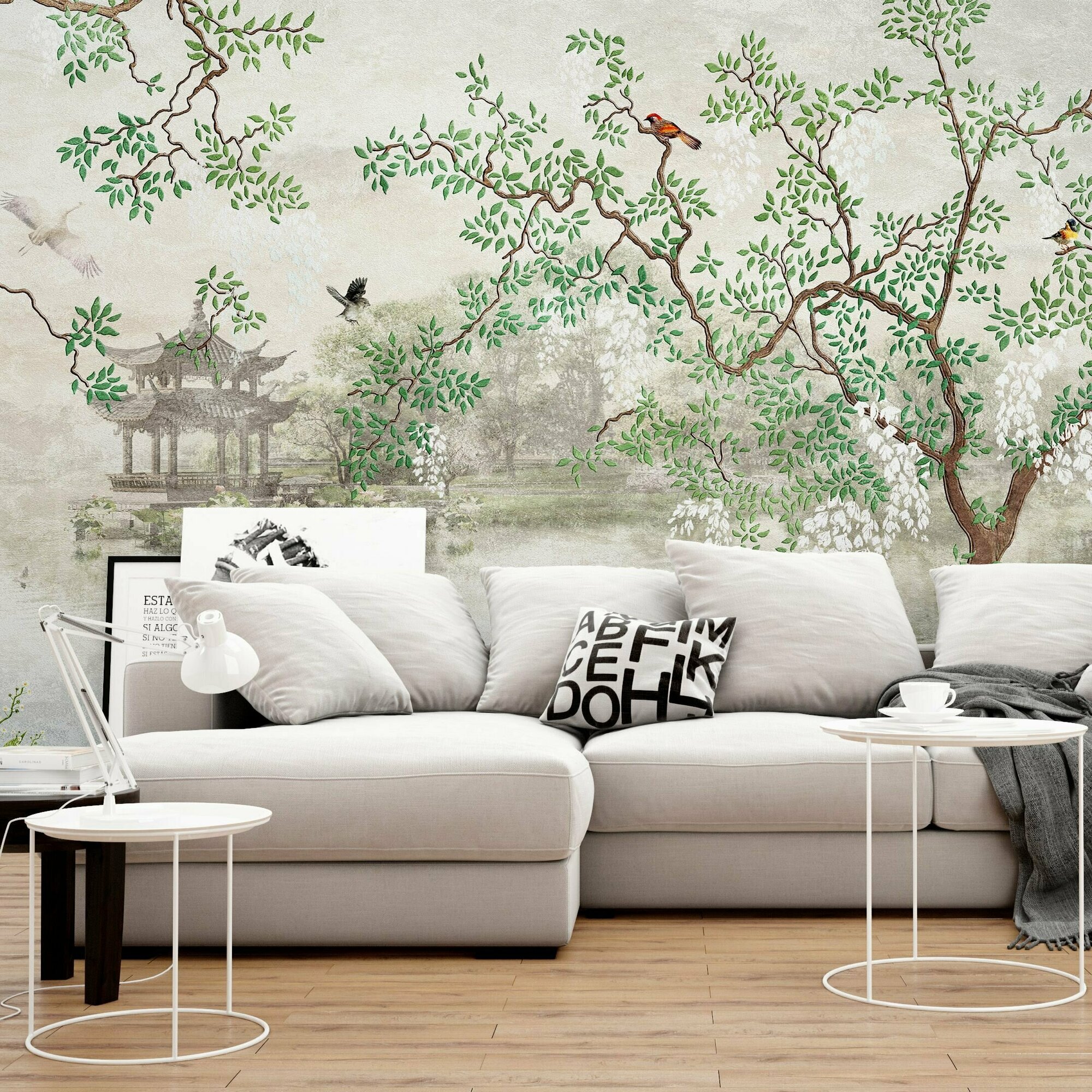Фотообои на стену моющиеся "Японский сад" флизелиновые с рисунком сакура, спальню или на кухню. Фактура крошка. Пробное полотно - 50x270 см.