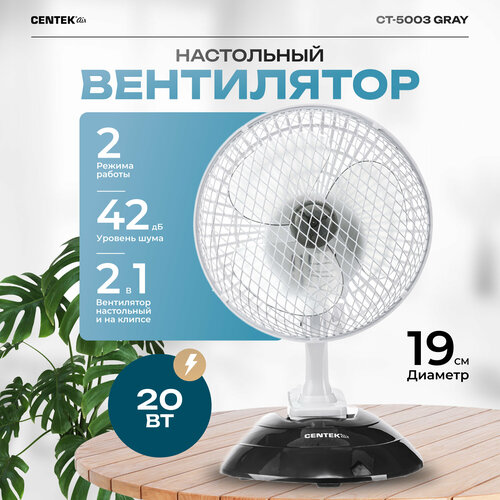 Вентилятор настольный CENTEK CT-5003 GRAY 20 Вт диаметр 19 см комплект 2 штук вентилятор centek ct 5003 gray настольный серый 20 вт