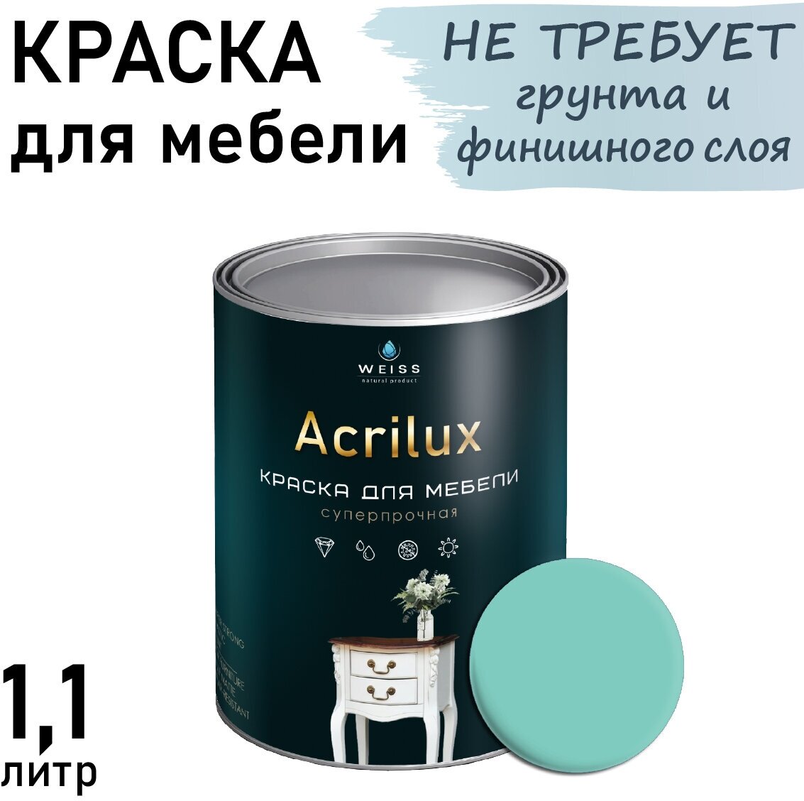 Краска Acrilux для мебели 1.1л RAL 6027, для кухонных фасадов, для декора, для творчества, моющаяся. без запаха