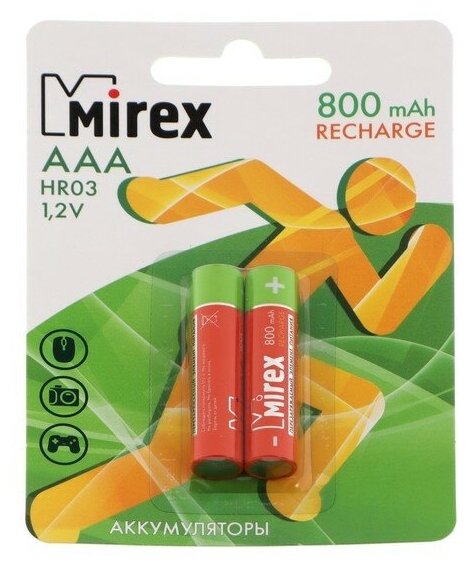 Аккумулятор Mirex, Ni-Mh, AAA, HR03-2BL, 1.2В, 800 мАч, блистер, 2 шт.