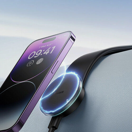 Изображение товара Автомобильный держатель c зарядкой, Baseus C02 Pro with Ice Blue Ambient Light, Qi15W, Гибкий, Черный