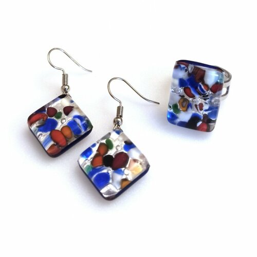 фото Комплект бижутерии arte di murano: кольцо, серьги, муранское стекло, размер кольца: безразмерное, серебряный, мультиколор