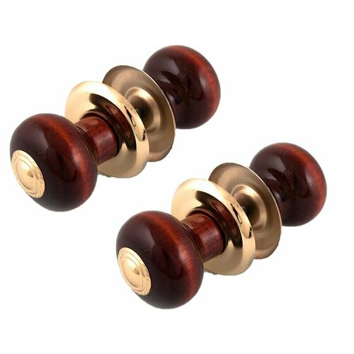 Ручка-кнопка дверная, дерево, 1Бт2-1 темная, золотая планка, золотая накладка, матовый лак (комплект 2 штуки)