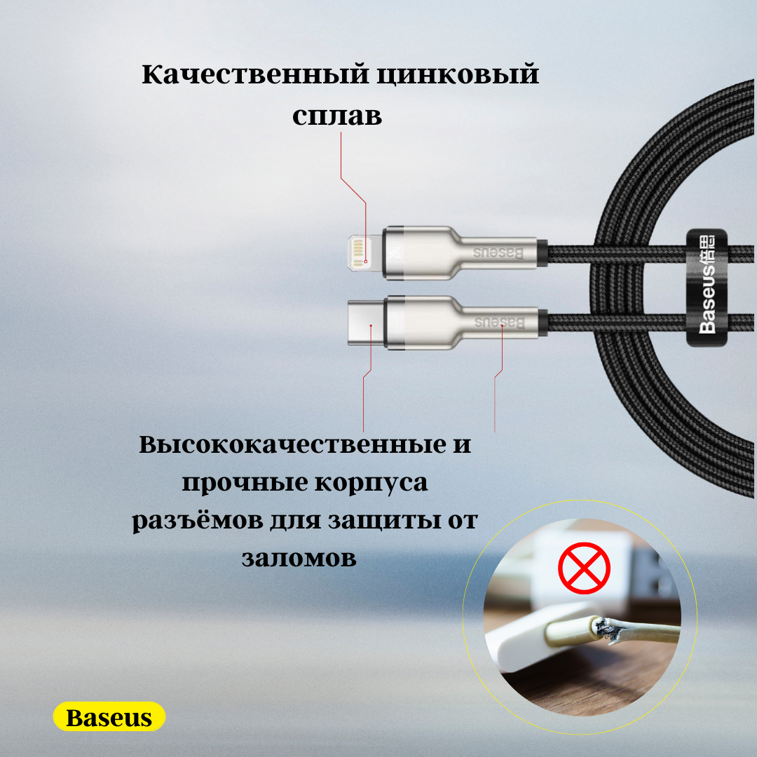 Кабель Baseus Cafule Series Metal Data Cable Type-C to iP PD 20W 1m White (CATLJK-A02) - фото №5