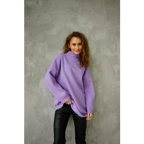 фото Пуловер, кашемир, длинный рукав, свободный силуэт, удлиненный, без карманов, вязаный, размер 42-52, фиолетовый нет бренда