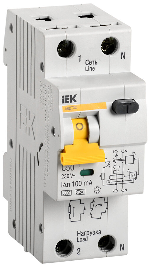 Дифференциальный автоматический выключатель (АВДТ) IEK 2-полюсный (1P+N) 50А хар. C 100мА тип A 6кА АВДТ32 (2 модуля)