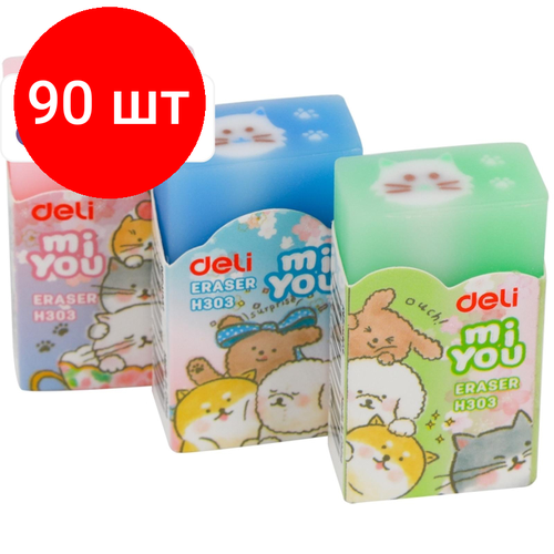 Комплект 90 штук, Ластик прямоугольный Deli EH303 MiYou 40x22x12мм ассорти картонная упаковка комплект 105 штук ластик прямоугольный deli eh303 miyou 40x22x12мм ассорти картонная упаковка