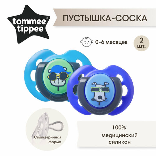Соска-пустышка Tommee Tippee силиконовая Fun Style, 0-6 мес, 2 шт. голубая/фиолетовая