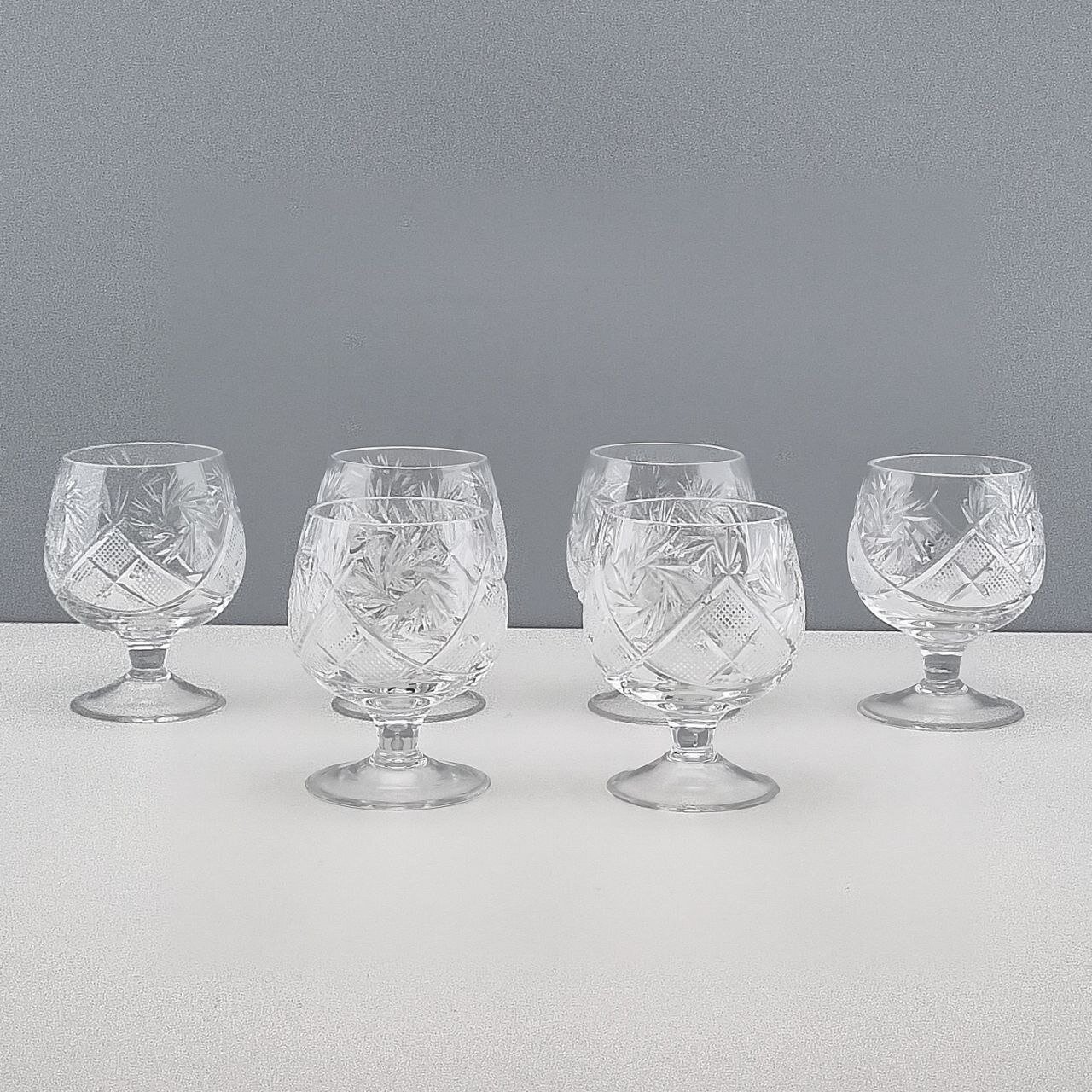 фото Винтажный набор бокалов для коньяка "Фейверк". Хрусталь Неман, резьба. СССР, 1980-е.