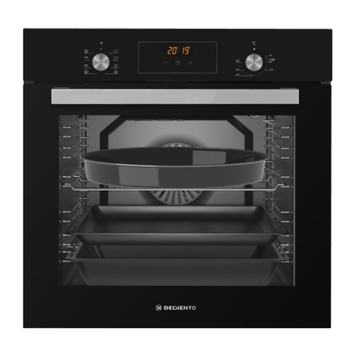 Духовой шкаф электрический встраиваемый 60см черный 8 режимов гриль конвекция 80 литров DELVENTO V6ES68017 дисплей стеклянный фасад каталитическая очистка хром решетка и 3 противня стандартный круглый глубокий тройное стекло LOW-E 2539000₽
