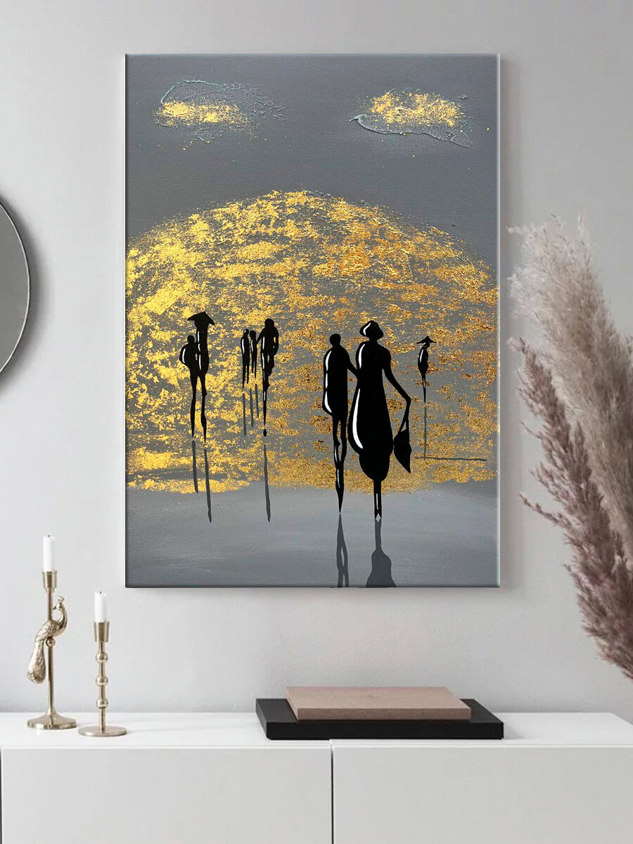 Авторская картина на холсте с золотым покрытием "Люди и закат"40-60см